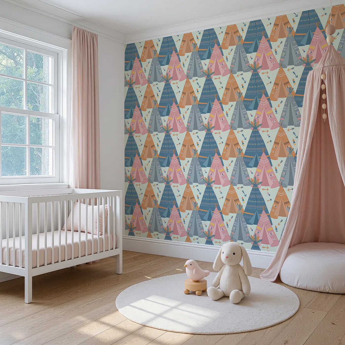 Angled view of Whimsy Tots' Teepee Parade Wallpaper in Mint Green (W3009C).Bold teepees and playful patterns create a joyful village of color.