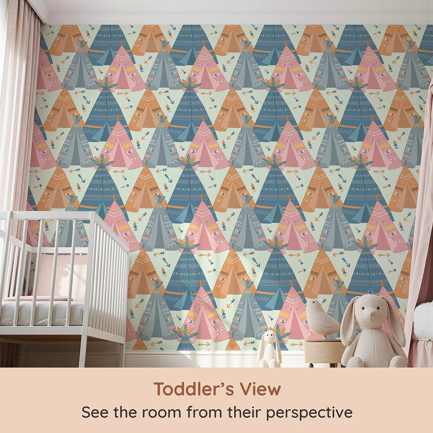Whimsy Tots Teepee Parade Wallpaper in Mint Green (W3009C) from your child's view.Bold teepees and playful patterns create a joyful village of color.