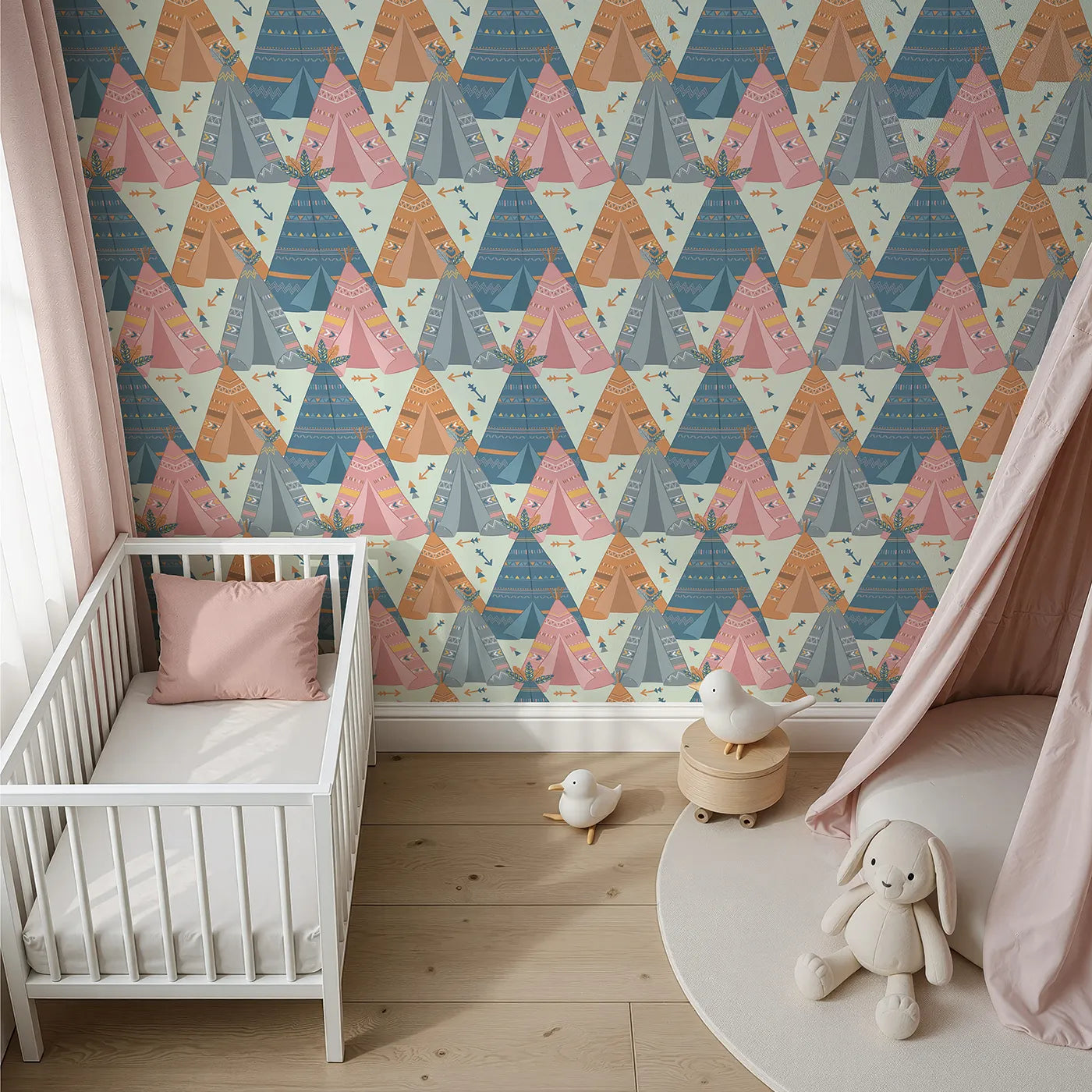 Top-Down view of Whimsy Tots' Teepee Parade Wallpaper in Mint Green (W3009C).Bold teepees and playful patterns create a joyful village of color.