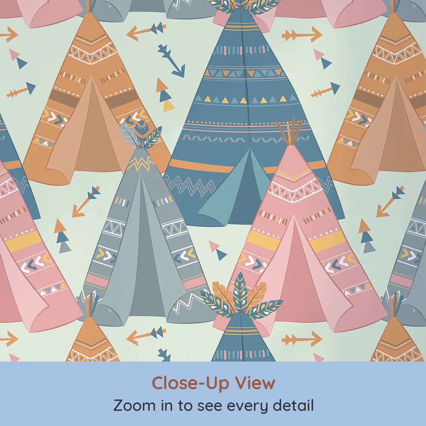 Close-up view of Whimsy Tots' Teepee Parade Wallpaper in Mint Green (W3009C).Bold teepees and playful patterns create a joyful village of color.