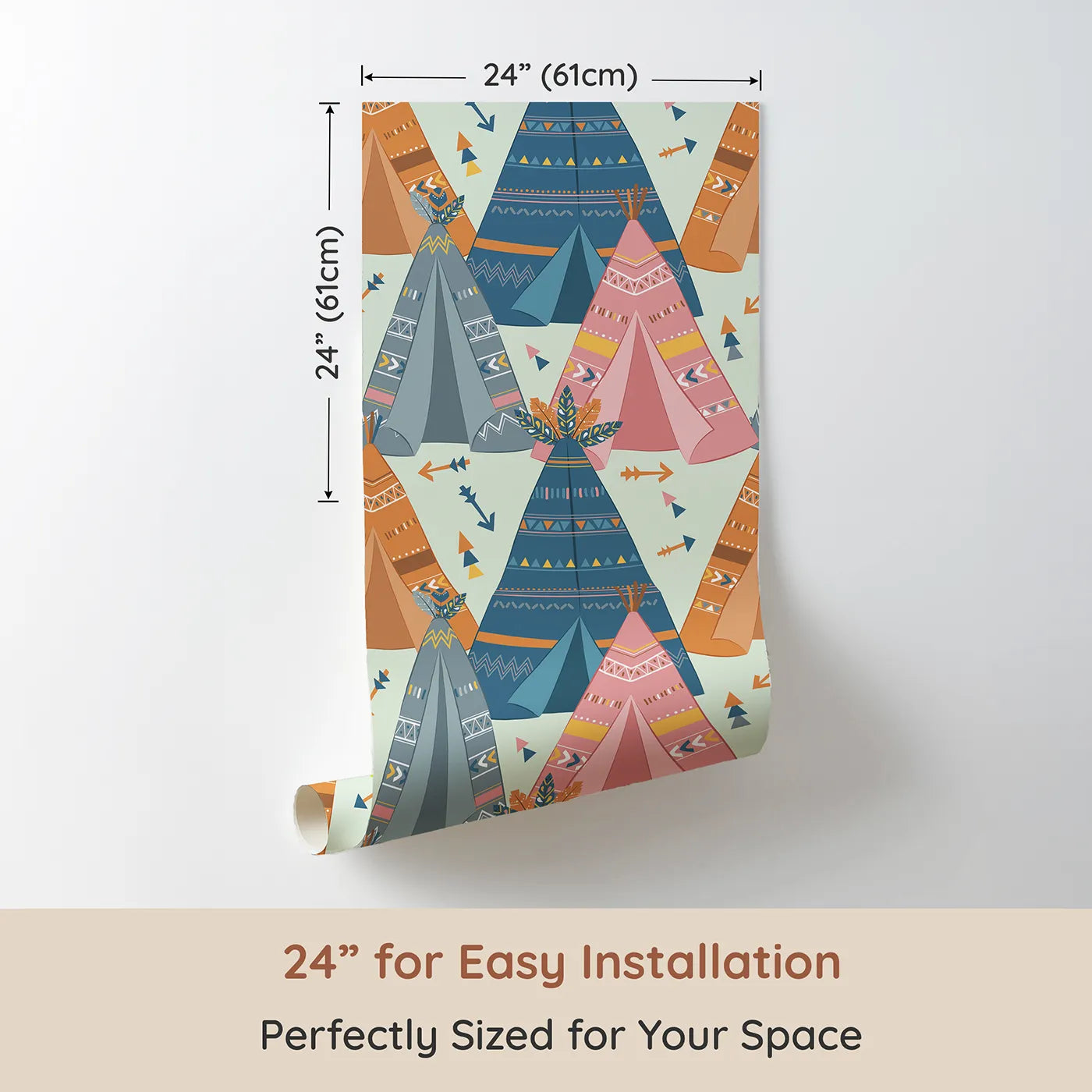 Dimension view of Whimsy Tots Teepee Parade Wallpaper in Mint Green (W3009C). Printed in 24-inch-wide panel for easy installation. Bold teepees and playful patterns create a joyful village of color.