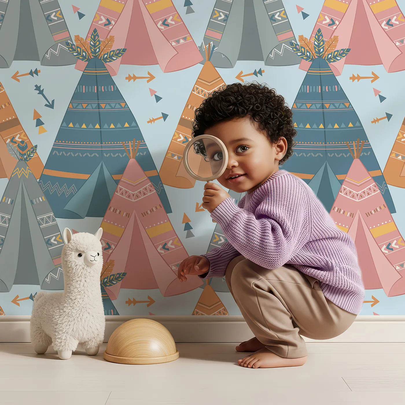 Lovely child standing in front of Whimsy Tots Teepee Parade Wallpaper in Blue with teepee, arrow, triangle, tent in design.