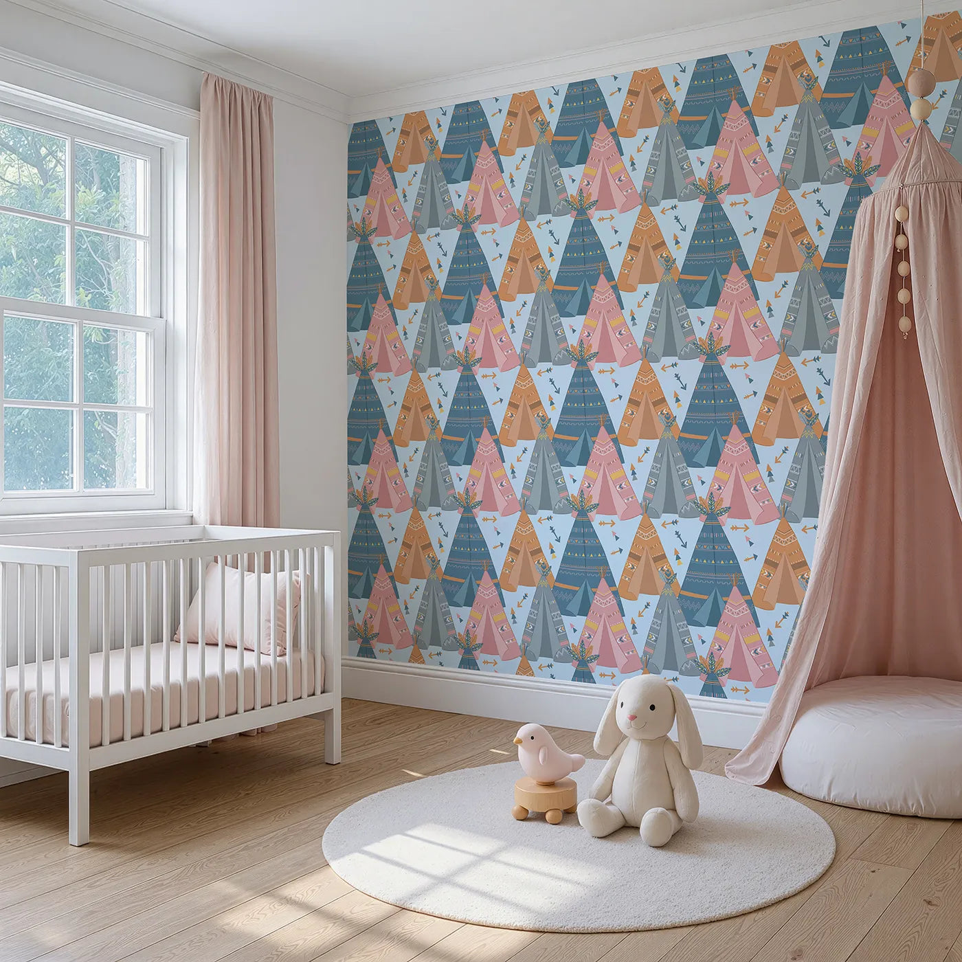 Angled view of Whimsy Tots' Teepee Parade Wallpaper in Blue (W3009D).Bold teepees and playful patterns create a joyful village of color.