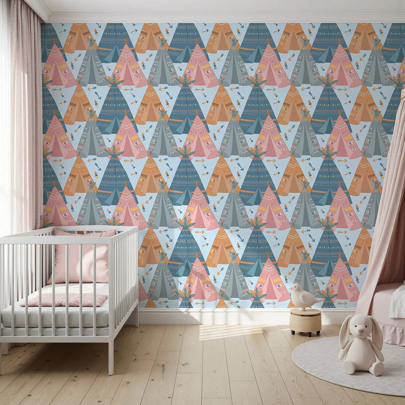 Front view of Whimsy Tots' Teepee Parade Wallpaper in Blue