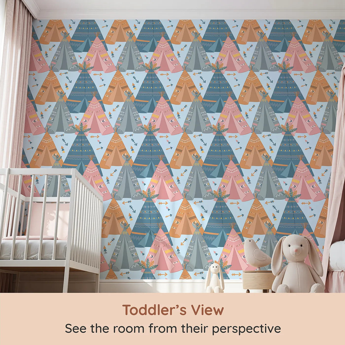 Whimsy Tots Teepee Parade Wallpaper in Blue (W3009D) from your child's view.Bold teepees and playful patterns create a joyful village of color.