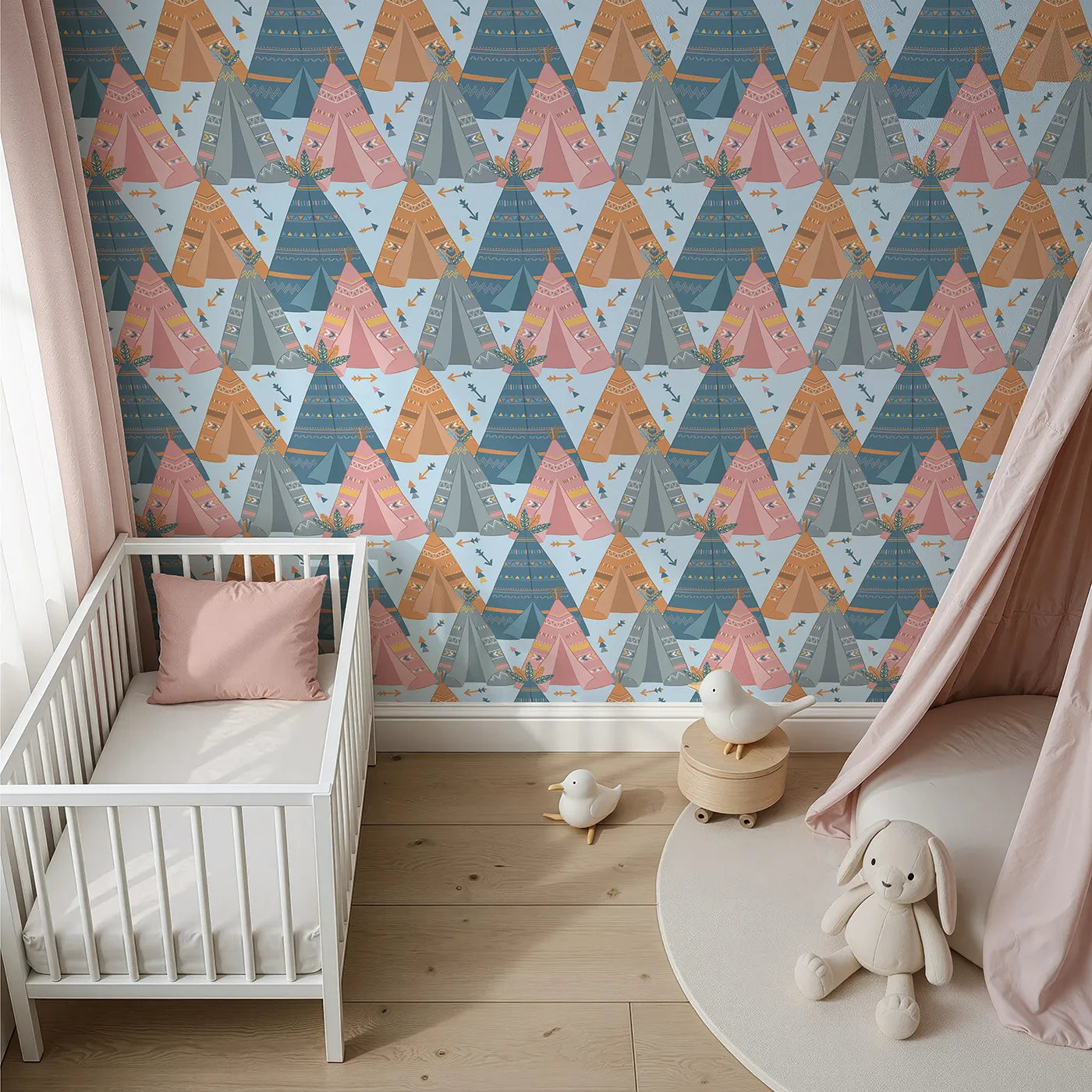 Top-Down view of Whimsy Tots' Teepee Parade Wallpaper in Blue (W3009D).Bold teepees and playful patterns create a joyful village of color.