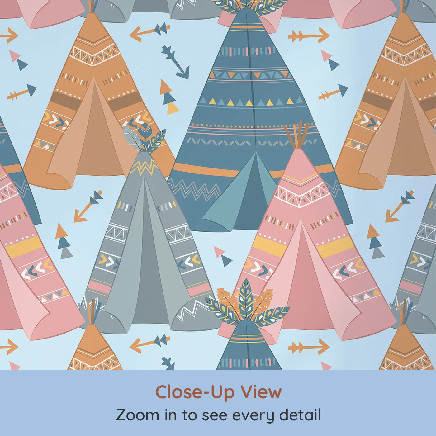 Close-up view of Whimsy Tots' Teepee Parade Wallpaper in Blue (W3009D).Bold teepees and playful patterns create a joyful village of color.