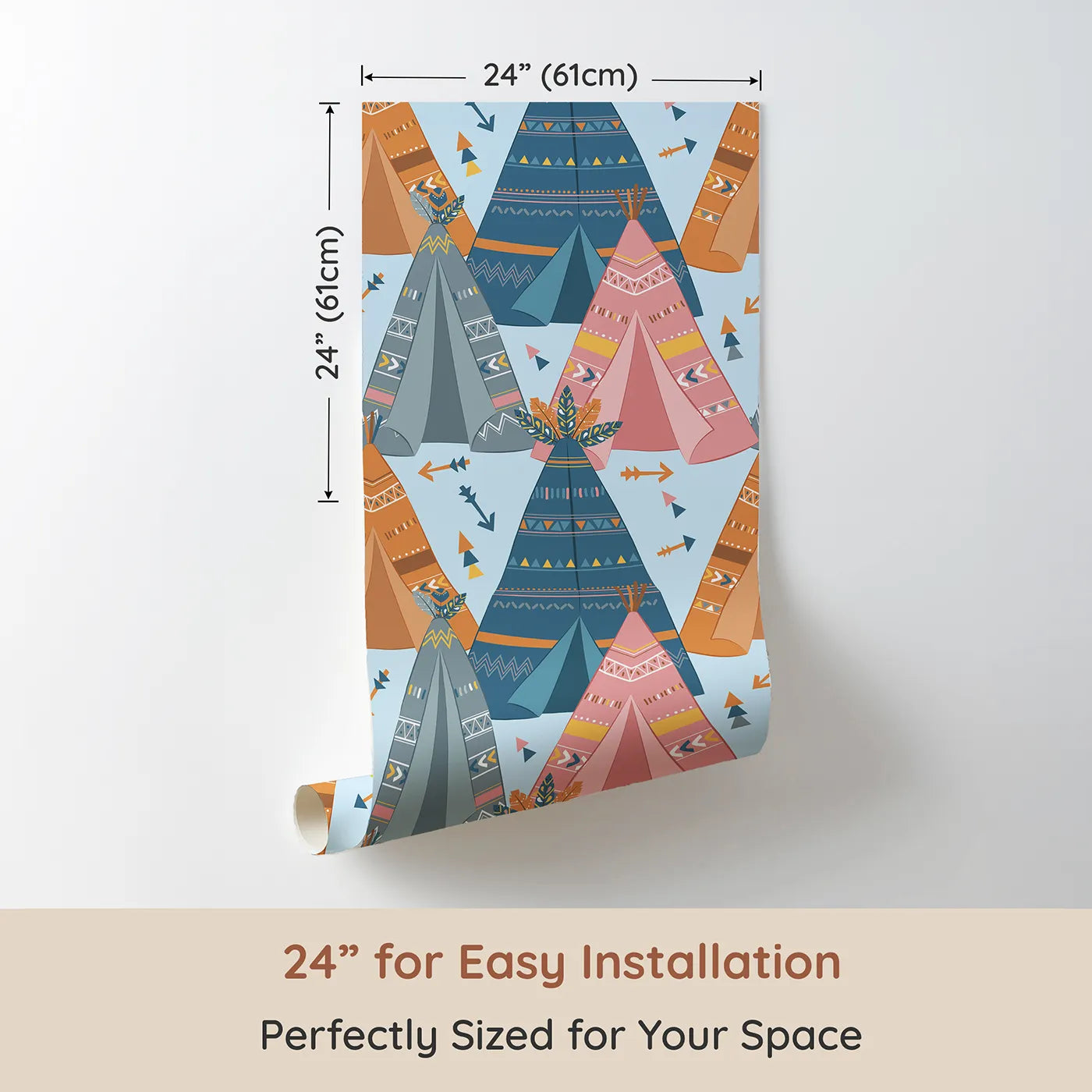 Dimension view of Whimsy Tots Teepee Parade Wallpaper in Blue (W3009D). Printed in 24-inch-wide panel for easy installation. Bold teepees and playful patterns create a joyful village of color.