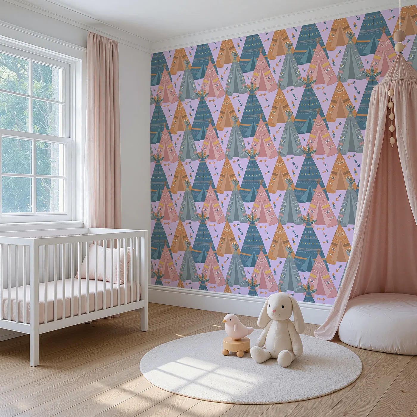 Angled view of Whimsy Tots' Teepee Parade Wallpaper in Purple (W3009E).Bold teepees and playful patterns create a joyful village of color.