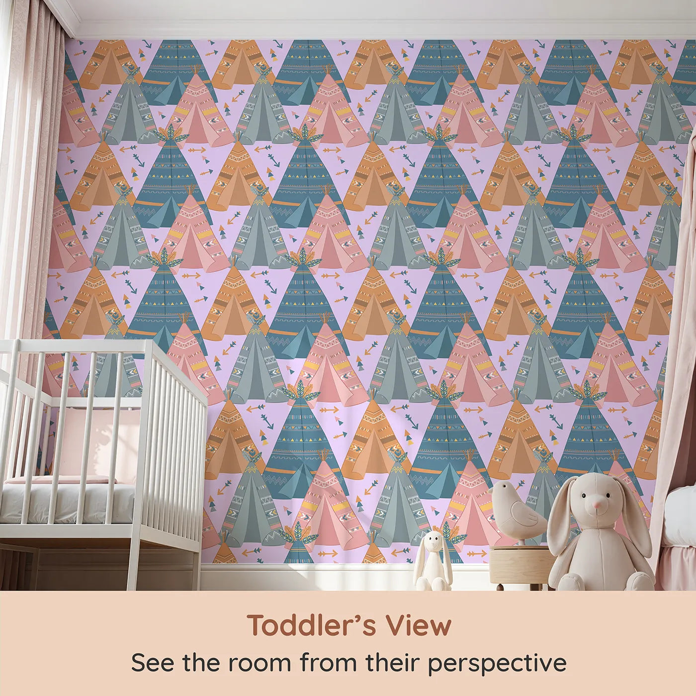 Whimsy Tots Teepee Parade Wallpaper in Purple (W3009E) from your child's view.Bold teepees and playful patterns create a joyful village of color.