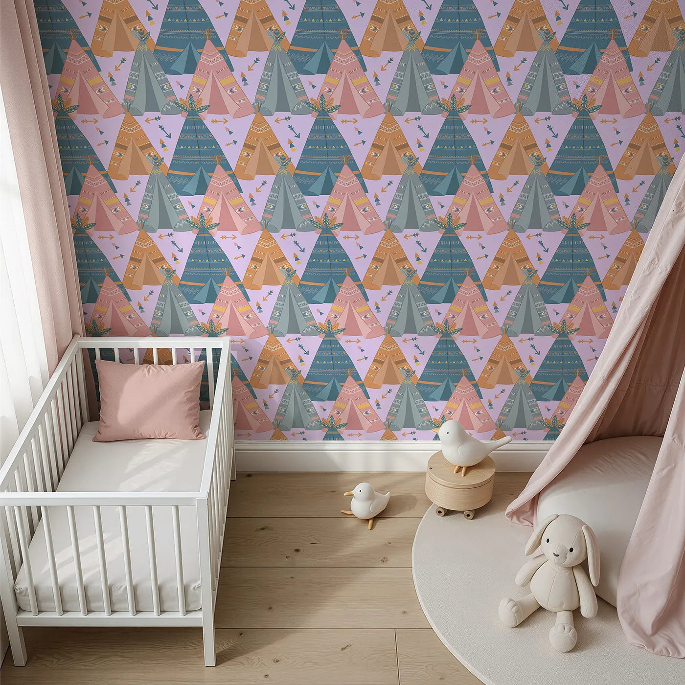 Top-Down view of Whimsy Tots' Teepee Parade Wallpaper in Purple (W3009E).Bold teepees and playful patterns create a joyful village of color.