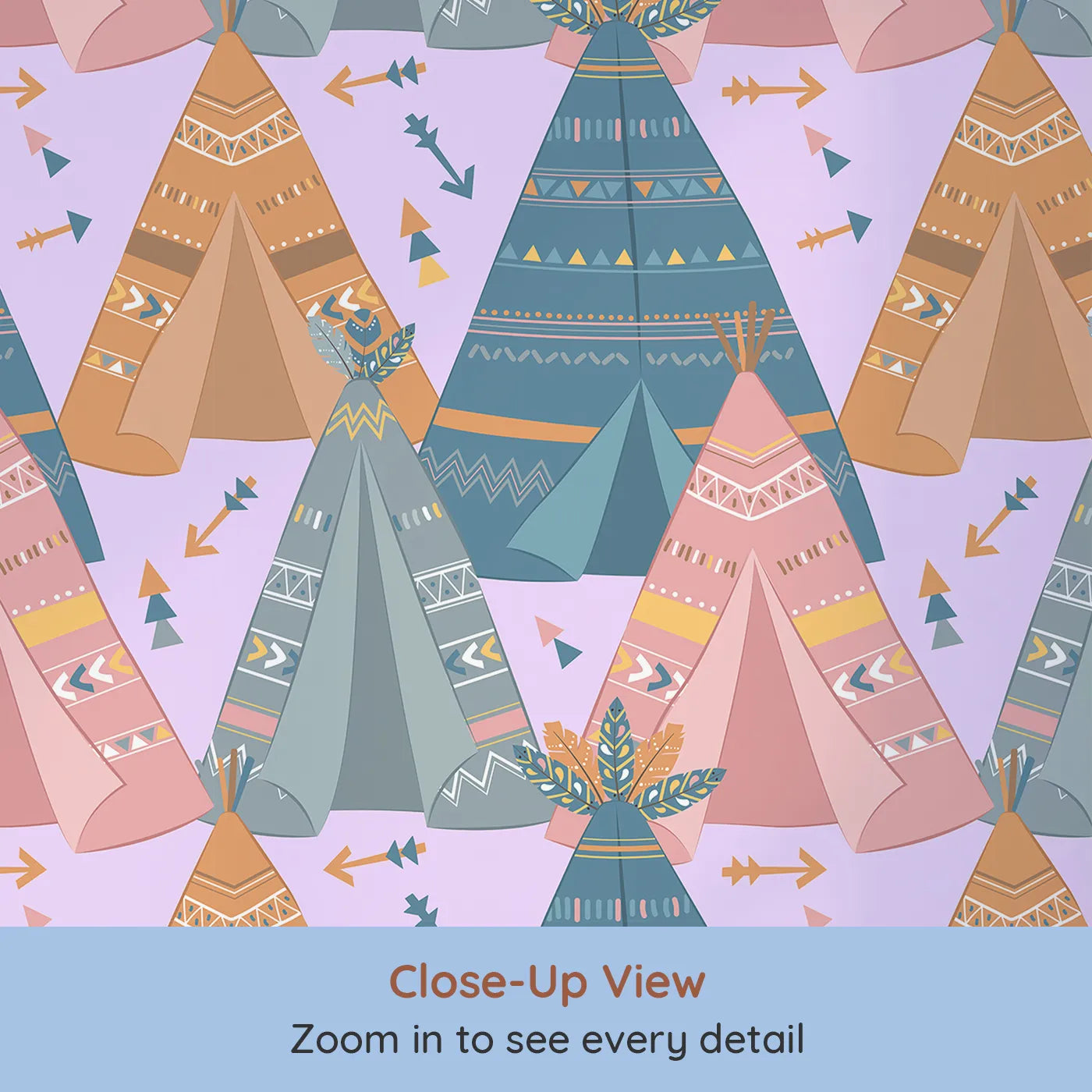 Close-up view of Whimsy Tots' Teepee Parade Wallpaper in Purple (W3009E).Bold teepees and playful patterns create a joyful village of color.