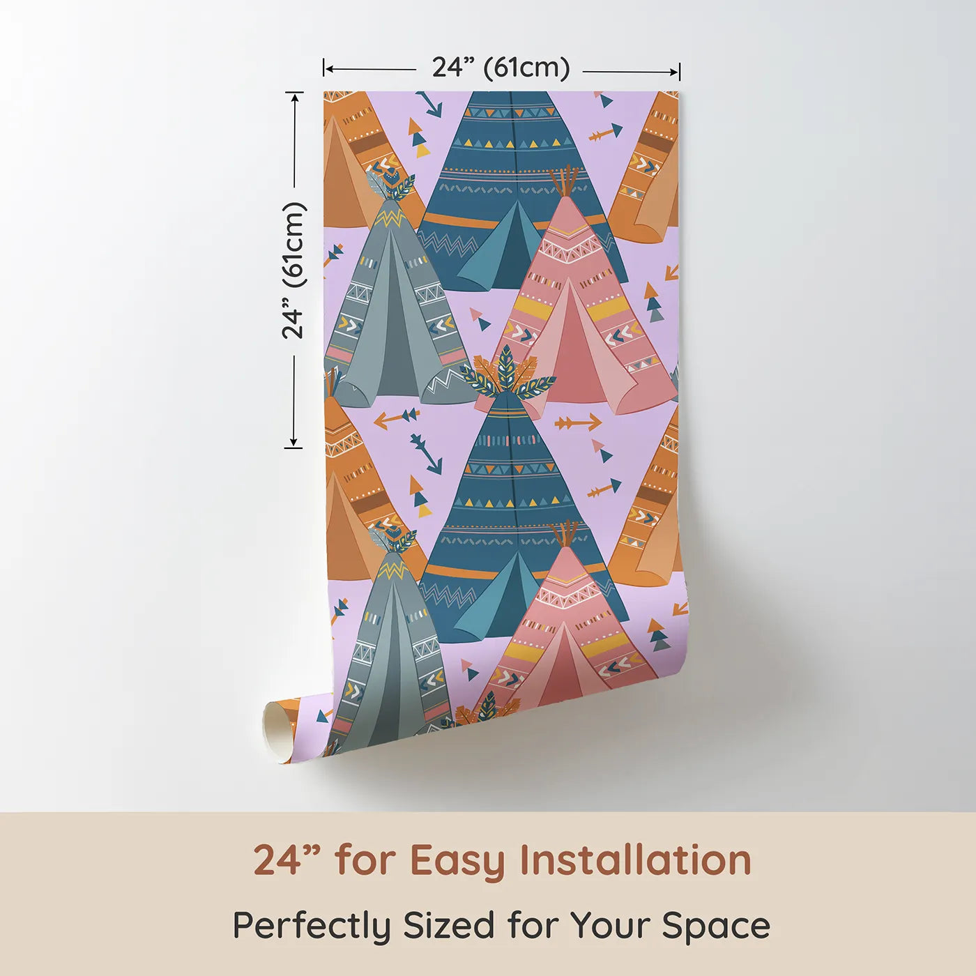 Dimension view of Whimsy Tots Teepee Parade Wallpaper in Purple (W3009E). Printed in 24-inch-wide panel for easy installation. Bold teepees and playful patterns create a joyful village of color.