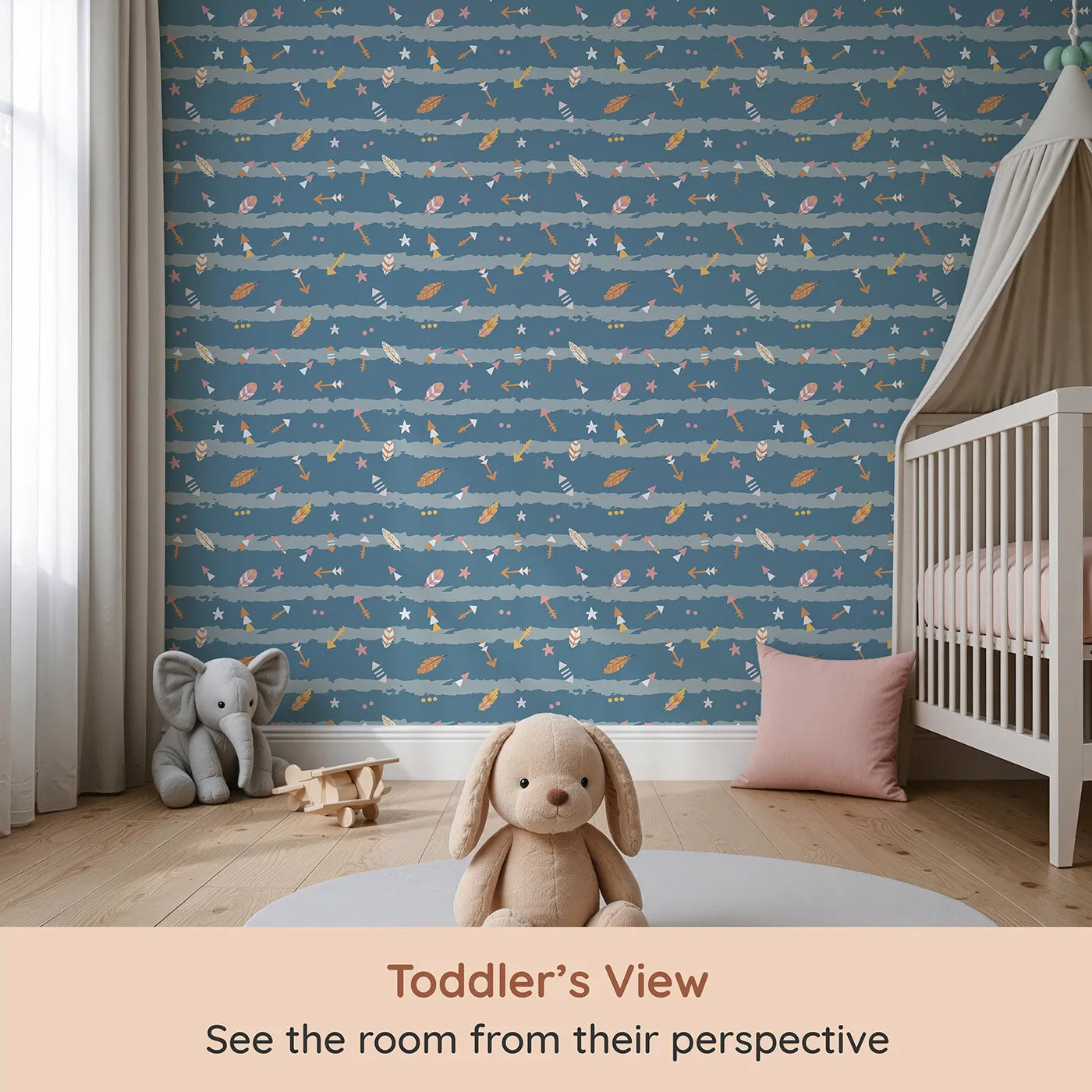 Whimsy Tots Tribal Sky Dance Wallpaper (W3010A) from your child's view.A lively sky of brushstrokes, feathers, and tribal arrows brings stories to life.