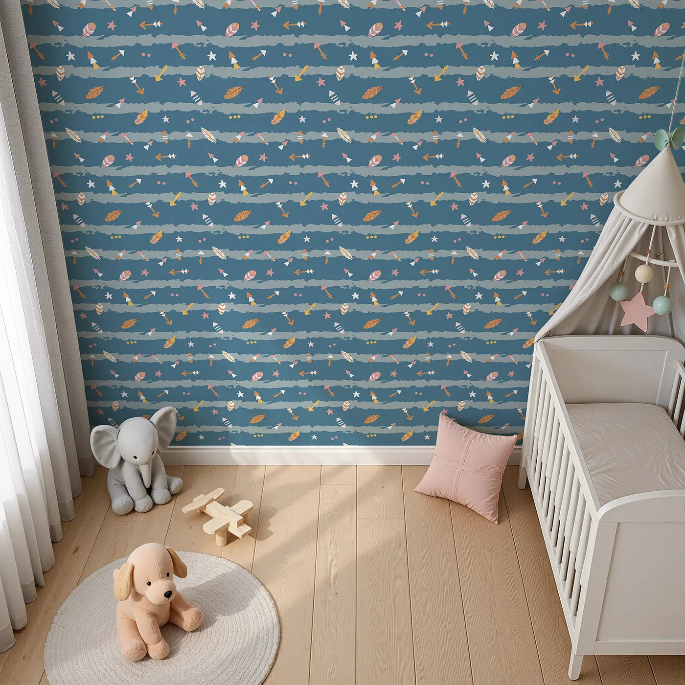 Top-Down view of Whimsy Tots' Tribal Sky Dance Wallpaper (W3010A).A lively sky of brushstrokes, feathers, and tribal arrows brings stories to life.