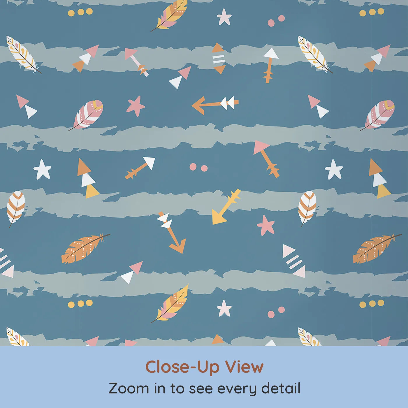 Close-up view of Whimsy Tots' Tribal Sky Dance Wallpaper (W3010A).A lively sky of brushstrokes, feathers, and tribal arrows brings stories to life.