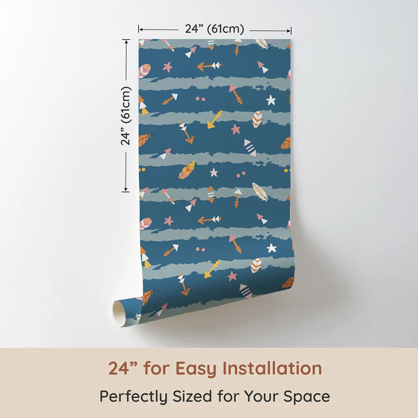 Dimension view of Whimsy Tots Tribal Sky Dance Wallpaper (W3010A). Printed in 24-inch-wide panel for easy installation. A lively sky of brushstrokes, feathers, and tribal arrows brings stories to life.