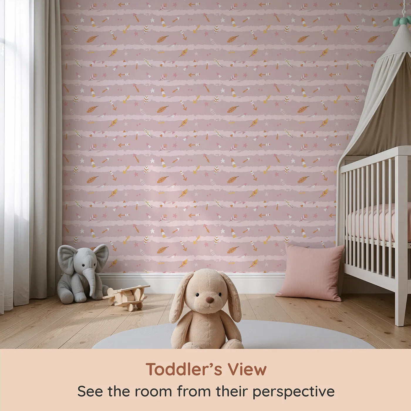 Whimsy Tots Tribal Sky Dance Wallpaper in Pink (W3010B) from your child's view.A lively sky of brushstrokes, feathers, and tribal arrows brings stories to life.