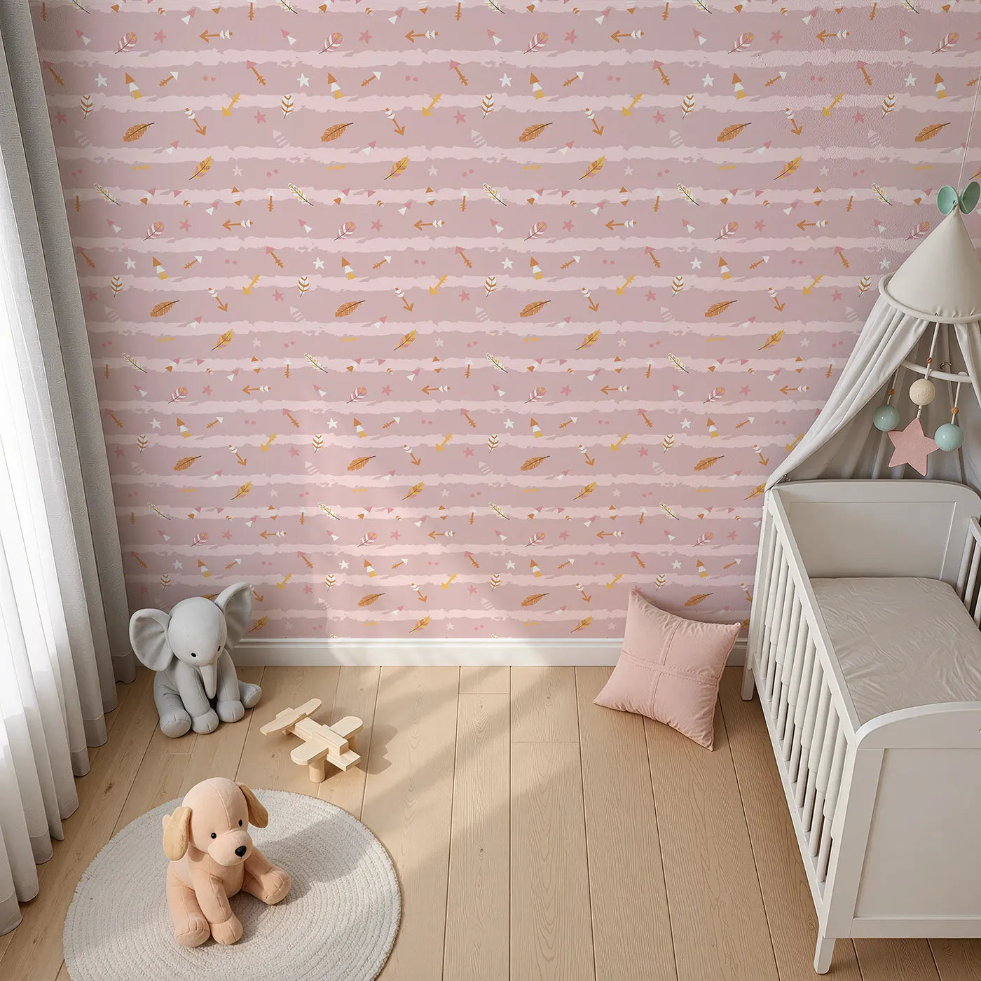 Top-Down view of Whimsy Tots' Tribal Sky Dance Wallpaper in Pink (W3010B).A lively sky of brushstrokes, feathers, and tribal arrows brings stories to life.