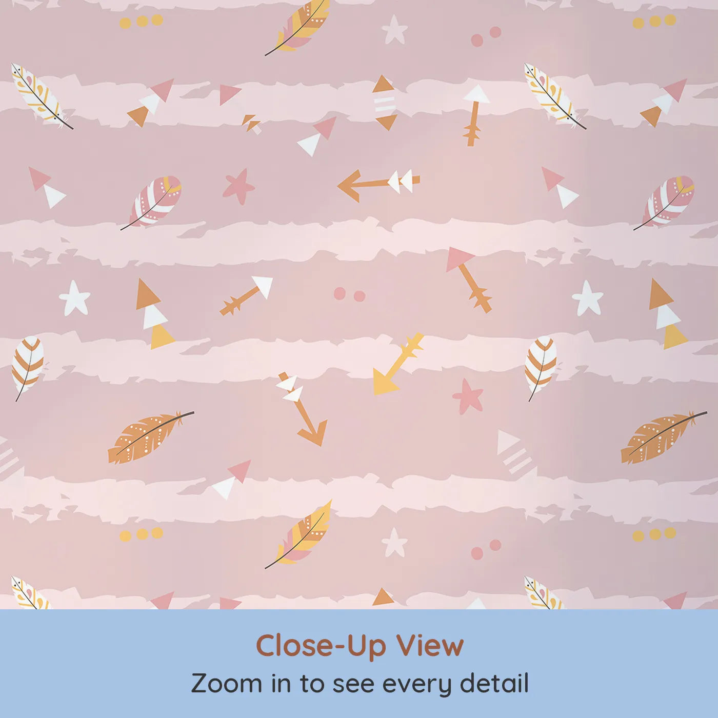 Close-up view of Whimsy Tots' Tribal Sky Dance Wallpaper in Pink (W3010B).A lively sky of brushstrokes, feathers, and tribal arrows brings stories to life.