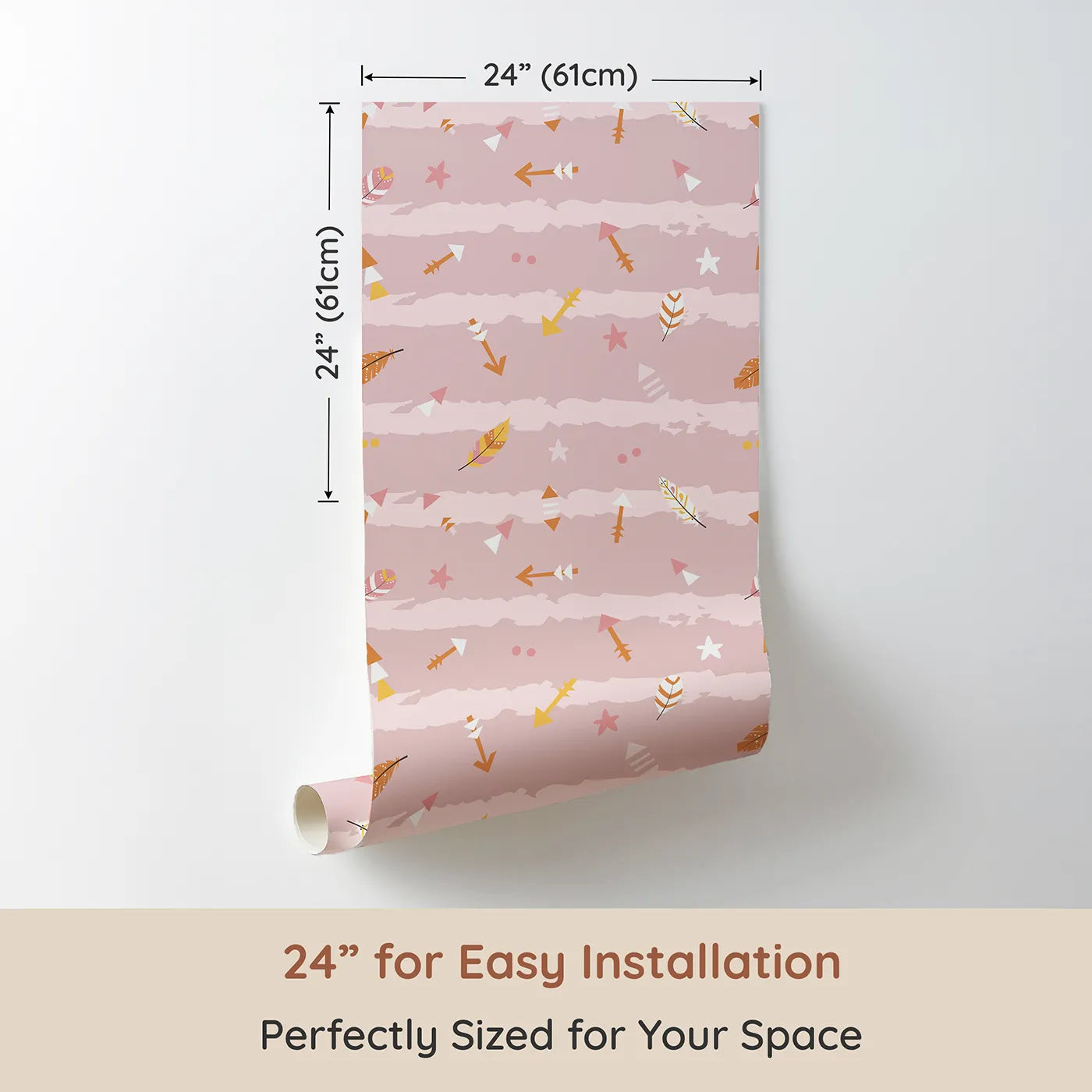 Dimension view of Whimsy Tots Tribal Sky Dance Wallpaper in Pink (W3010B). Printed in 24-inch-wide panel for easy installation. A lively sky of brushstrokes, feathers, and tribal arrows brings stories to life.