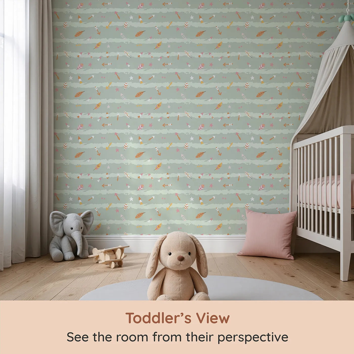 Whimsy Tots Tribal Sky Dance Wallpaper in Green (W3010C) from your child's view.A lively sky of brushstrokes, feathers, and tribal arrows brings stories to life.