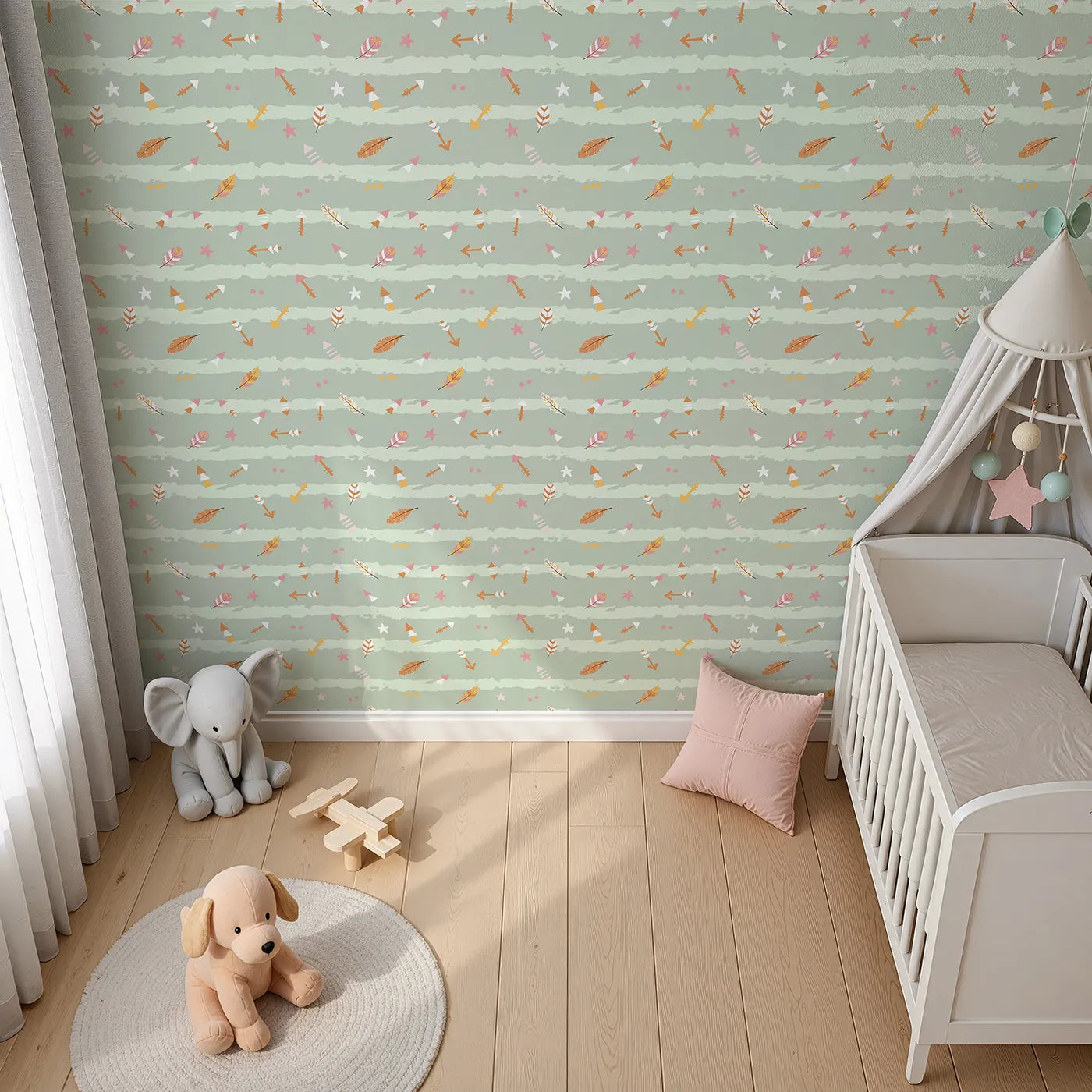 Top-Down view of Whimsy Tots' Tribal Sky Dance Wallpaper in Green (W3010C).A lively sky of brushstrokes, feathers, and tribal arrows brings stories to life.