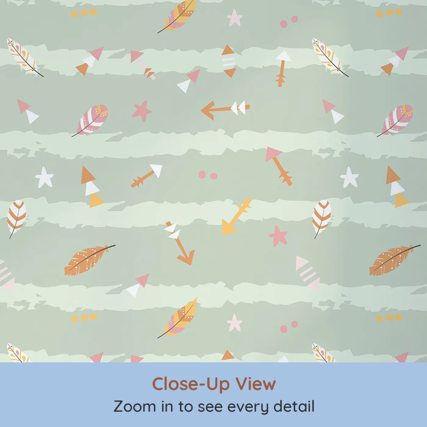 Close-up view of Whimsy Tots' Tribal Sky Dance Wallpaper in Green (W3010C).A lively sky of brushstrokes, feathers, and tribal arrows brings stories to life.