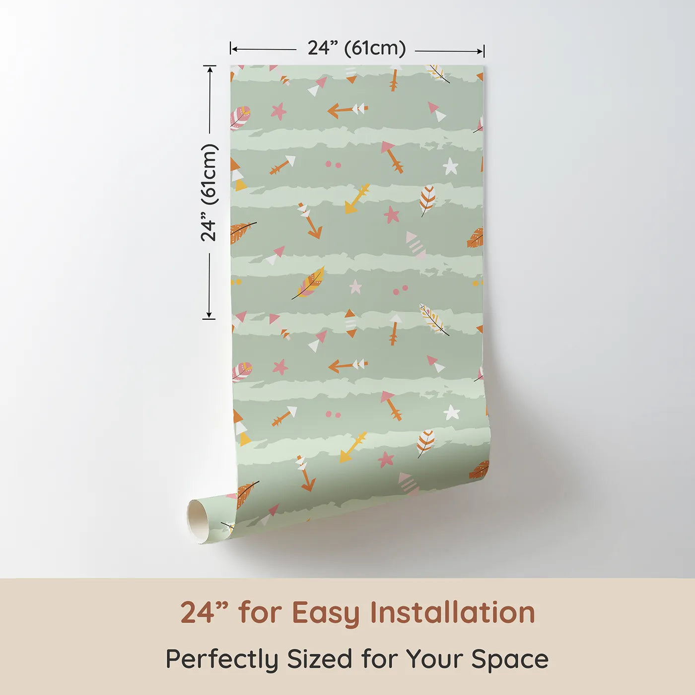 Dimension view of Whimsy Tots Tribal Sky Dance Wallpaper in Green (W3010C). Printed in 24-inch-wide panel for easy installation. A lively sky of brushstrokes, feathers, and tribal arrows brings stories to life.