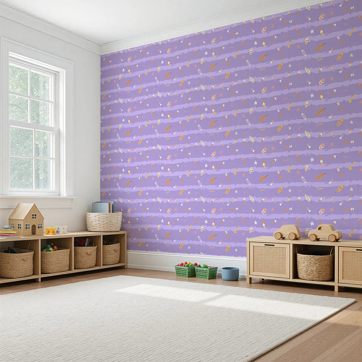 Angled view of Whimsy Tots' Tribal Sky Dance Wallpaper in Purple (W3010D).A lively sky of brushstrokes, feathers, and tribal arrows brings stories to life.
