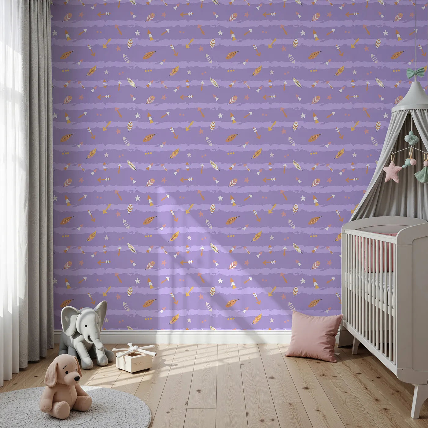 Front view of Whimsy Tots' Tribal Sky Dance Wallpaper in Purple
