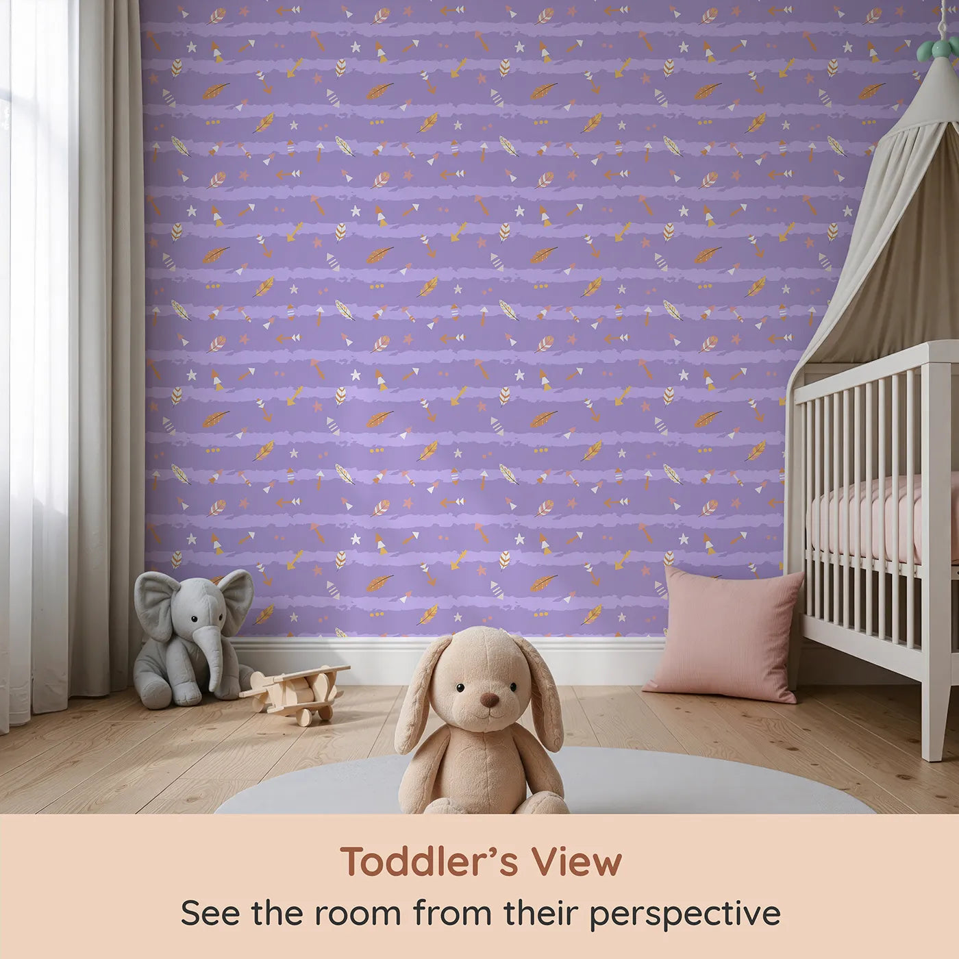 Whimsy Tots Tribal Sky Dance Wallpaper in Purple (W3010D) from your child's view.A lively sky of brushstrokes, feathers, and tribal arrows brings stories to life.