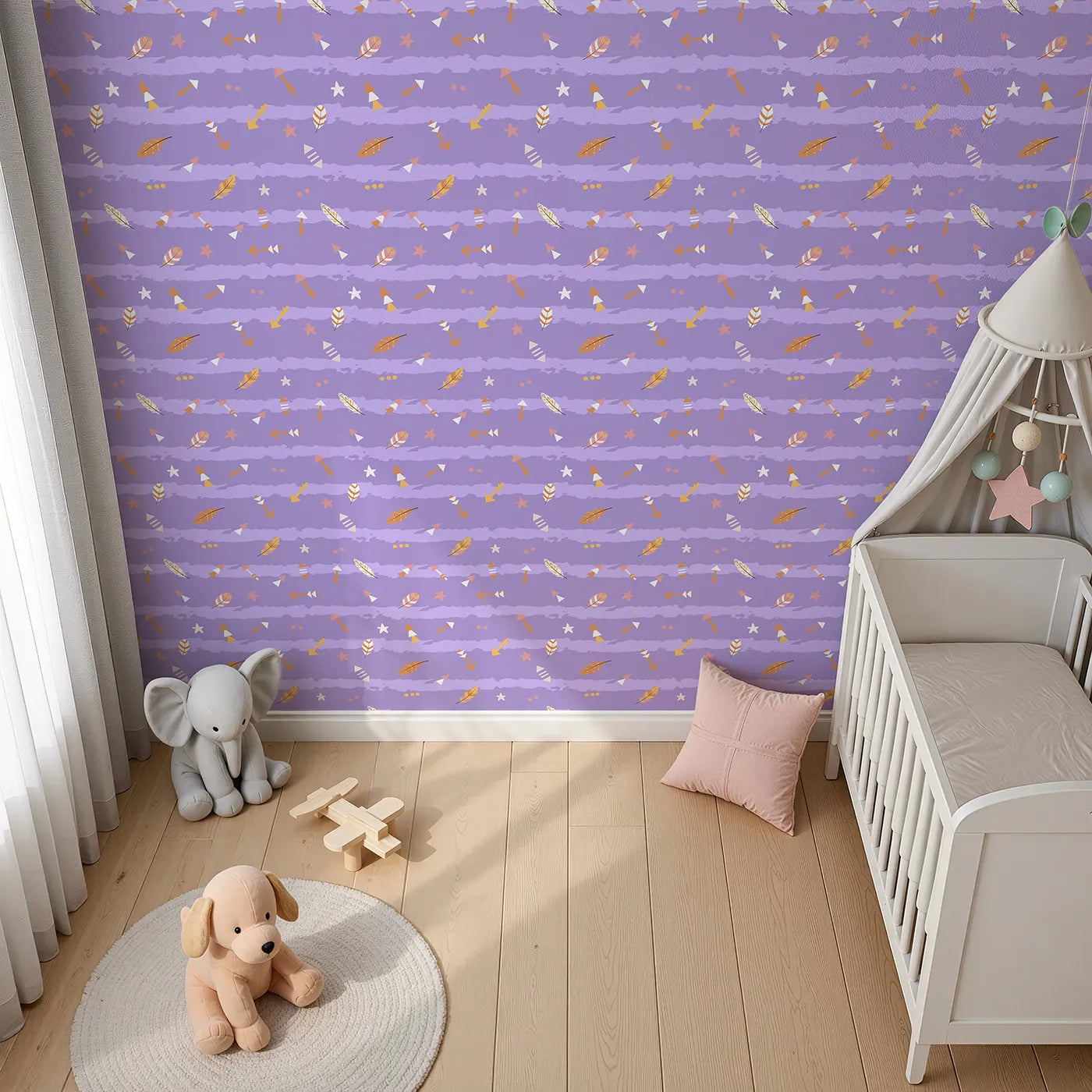 Top-Down view of Whimsy Tots' Tribal Sky Dance Wallpaper in Purple (W3010D).A lively sky of brushstrokes, feathers, and tribal arrows brings stories to life.