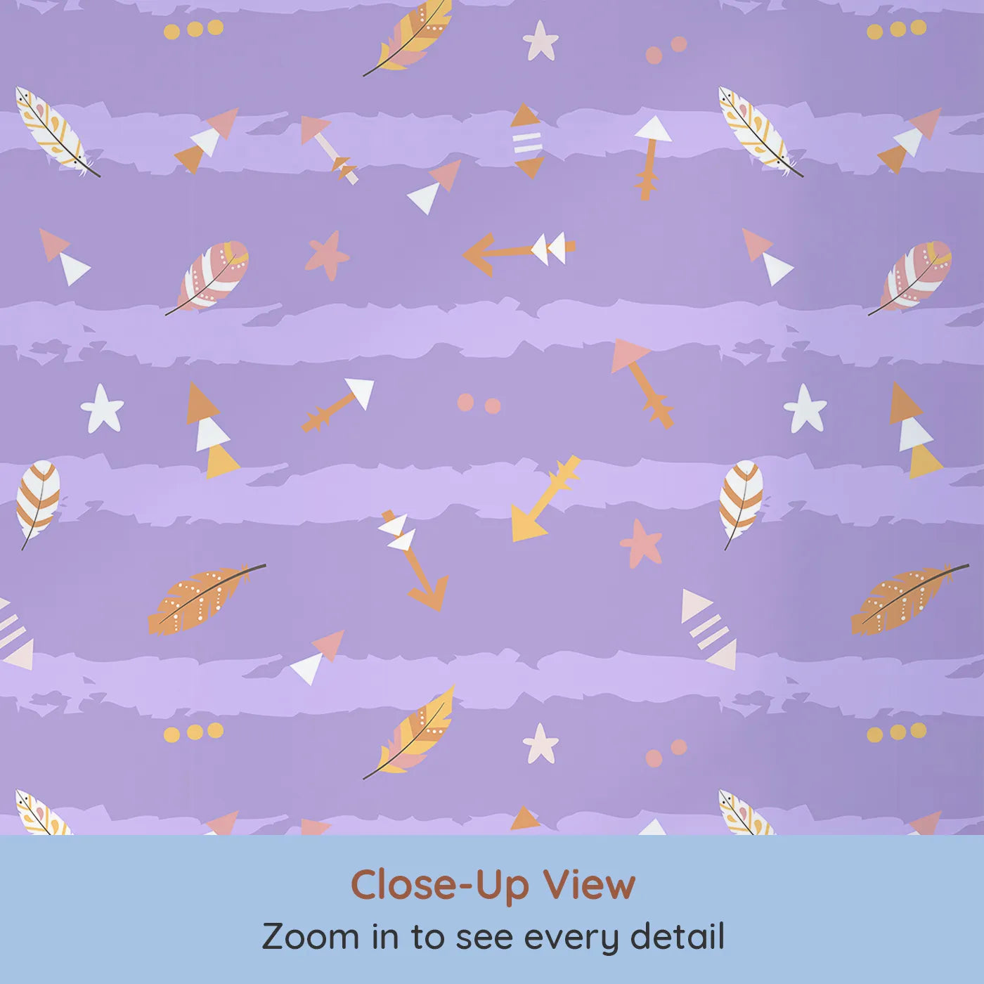 Close-up view of Whimsy Tots' Tribal Sky Dance Wallpaper in Purple (W3010D).A lively sky of brushstrokes, feathers, and tribal arrows brings stories to life.