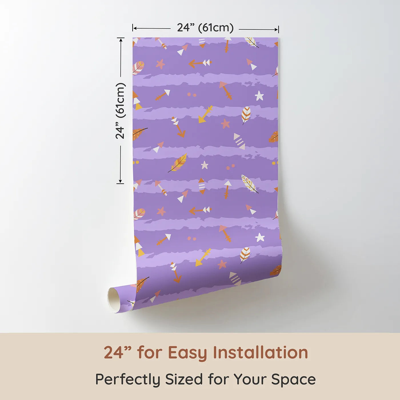 Dimension view of Whimsy Tots Tribal Sky Dance Wallpaper in Purple (W3010D). Printed in 24-inch-wide panel for easy installation. A lively sky of brushstrokes, feathers, and tribal arrows brings stories to life.