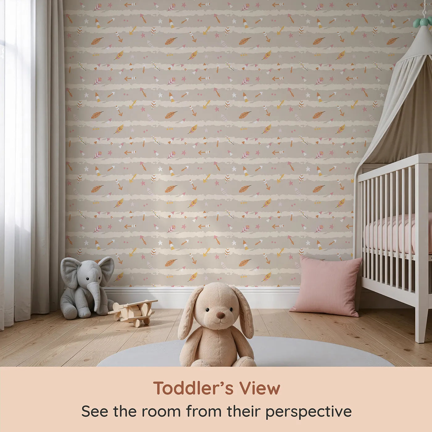 Whimsy Tots Tribal Sky Dance Wallpaper in Beige (W3010E) from your child's view.A lively sky of brushstrokes, feathers, and tribal arrows brings stories to life.