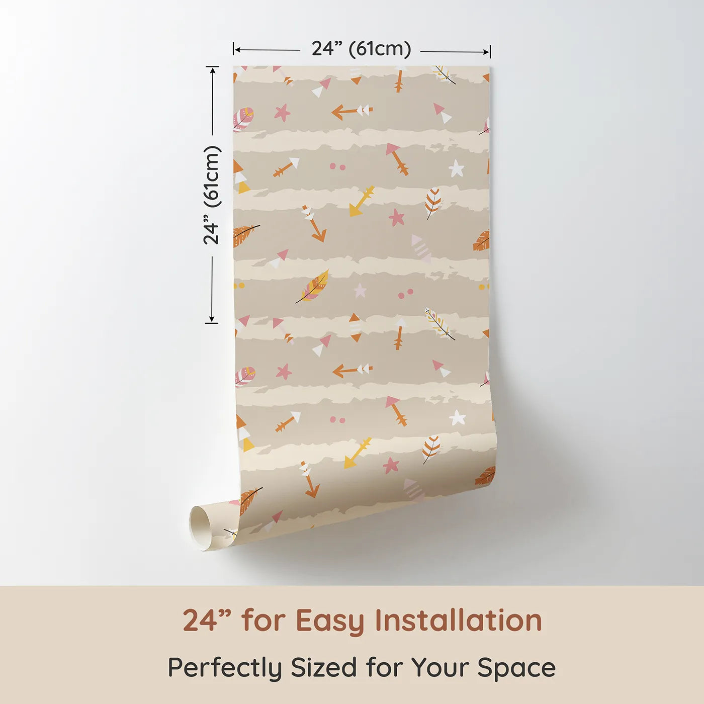 Dimension view of Whimsy Tots Tribal Sky Dance Wallpaper in Beige (W3010E). Printed in 24-inch-wide panel for easy installation. A lively sky of brushstrokes, feathers, and tribal arrows brings stories to life.