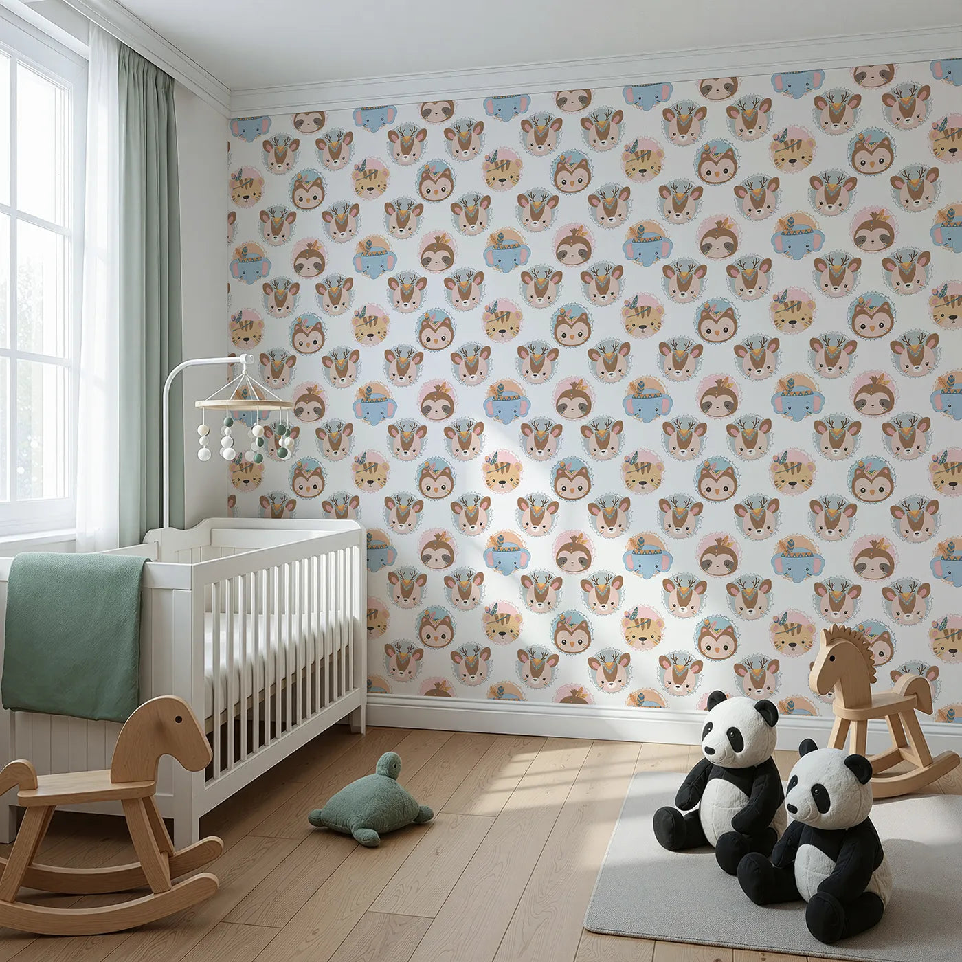 Angled view of Whimsy Tots' Woodland Royalty Parade Wallpaper in White (W3011A).Sweet woodland animals don royal headbands in this gentle parade of cuteness.