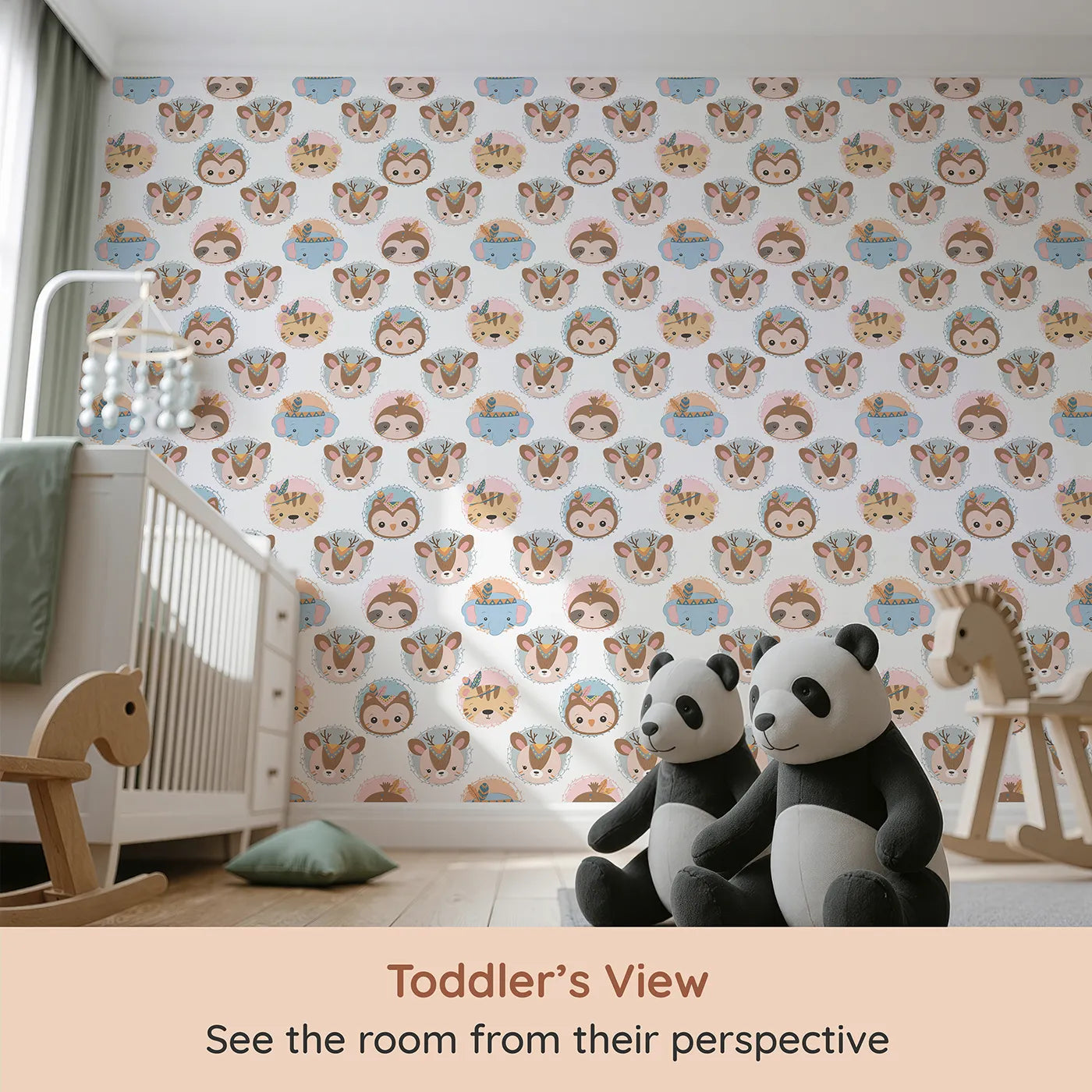 Whimsy Tots Woodland Royalty Parade Wallpaper in White (W3011A) from your child's view.Sweet woodland animals don royal headbands in this gentle parade of cuteness.