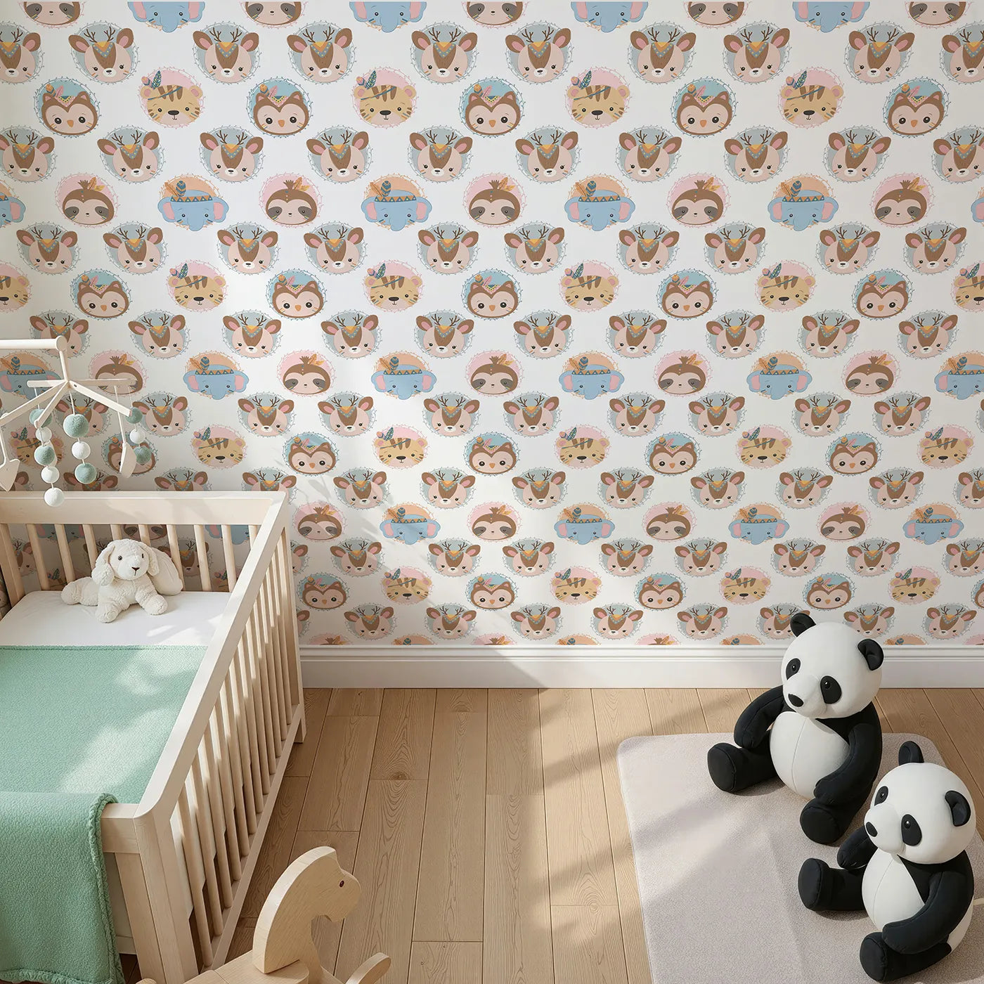 Top-Down view of Whimsy Tots' Woodland Royalty Parade Wallpaper in White (W3011A).Sweet woodland animals don royal headbands in this gentle parade of cuteness.