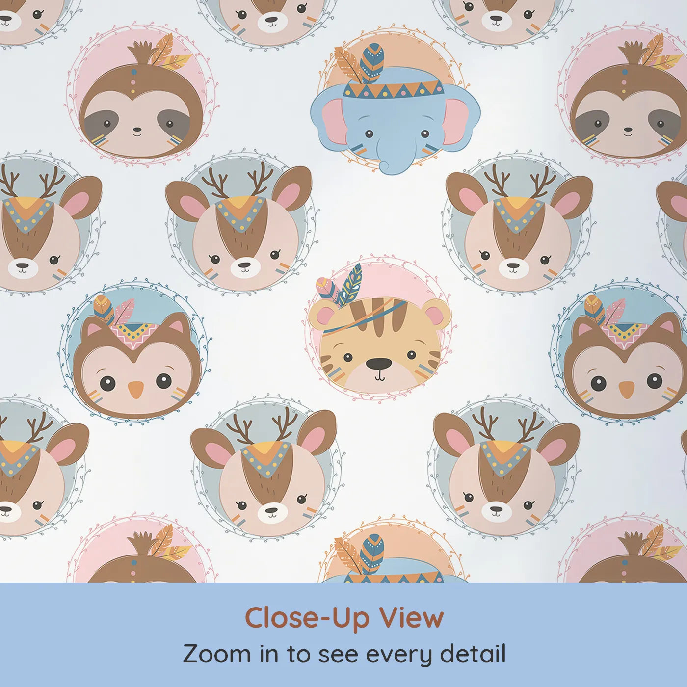 Close-up view of Whimsy Tots' Woodland Royalty Parade Wallpaper in White (W3011A).Sweet woodland animals don royal headbands in this gentle parade of cuteness.