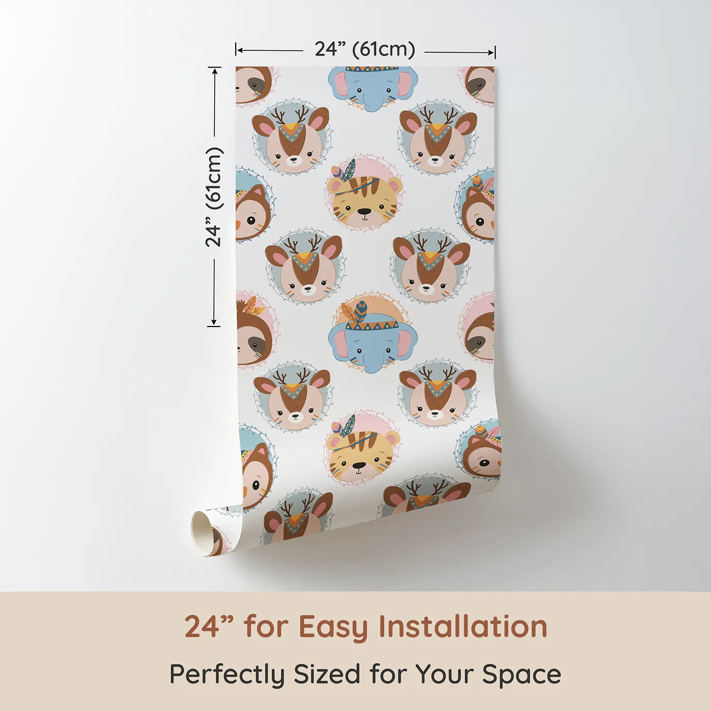 Dimension view of Whimsy Tots Woodland Royalty Parade Wallpaper in White (W3011A). Printed in 24-inch-wide panel for easy installation. Sweet woodland animals don royal headbands in this gentle parade of cuteness.