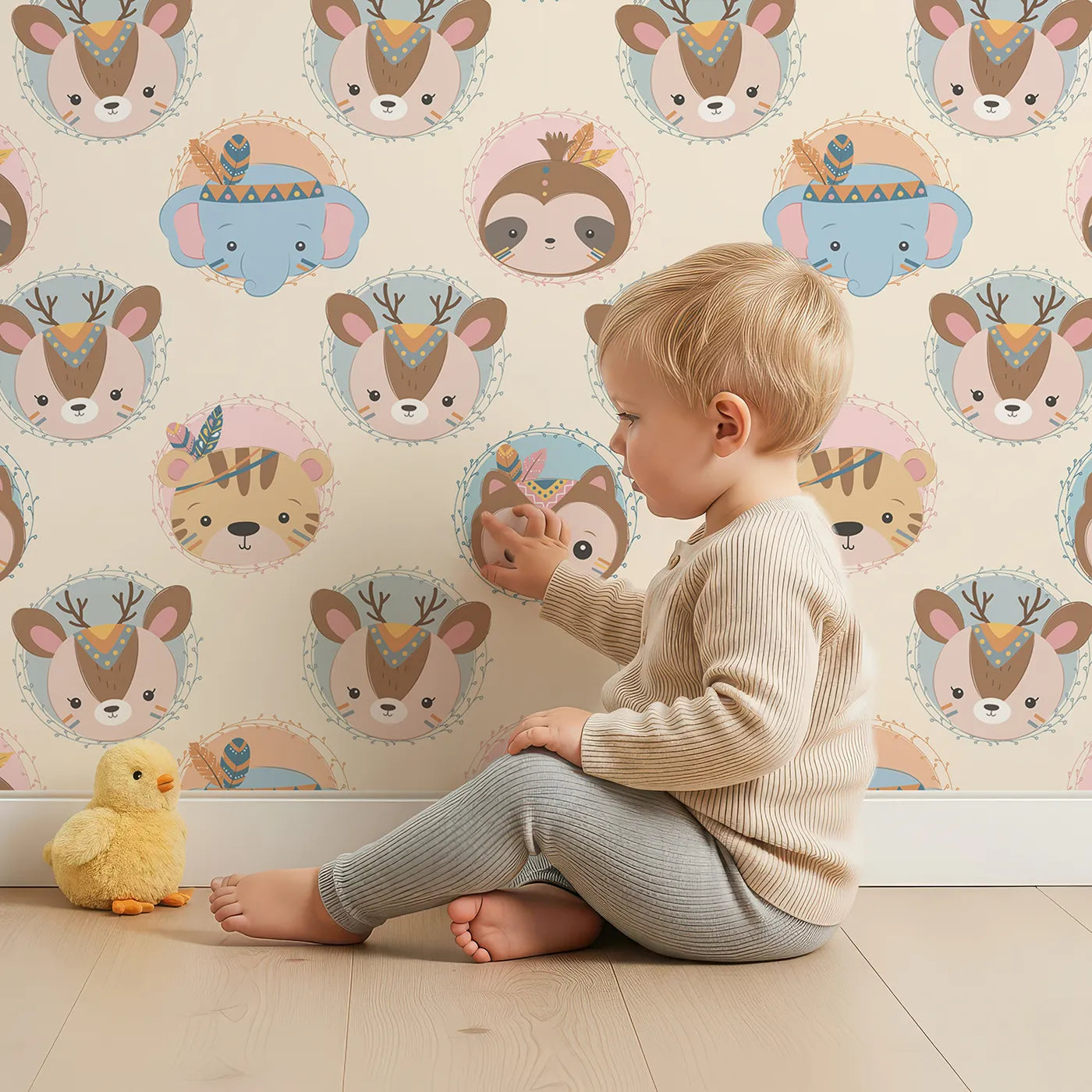 Lovely child standing in front of Whimsy Tots Woodland Royalty Parade Wallpaper in Cream with bear, deer, elephant, tiger, feather, wreath, crown in design.