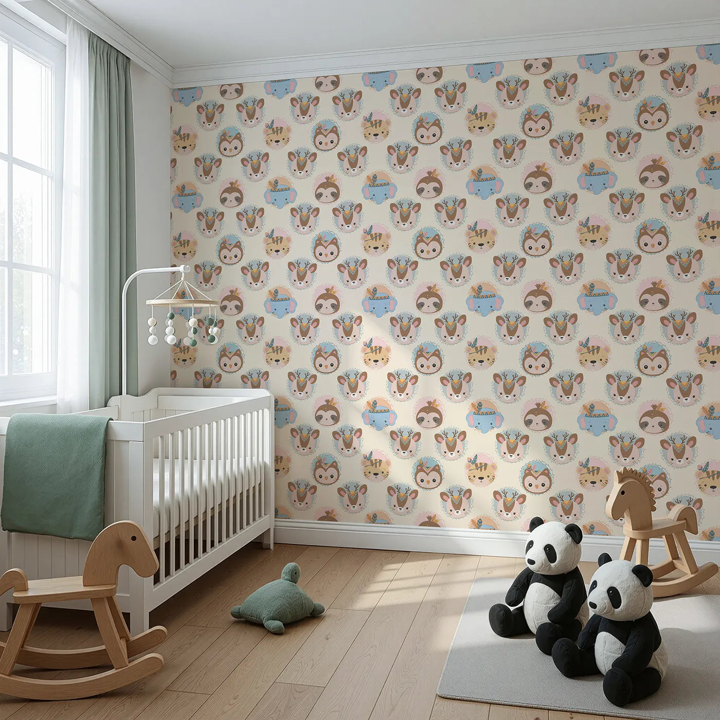 Angled view of Whimsy Tots' Woodland Royalty Parade Wallpaper in Cream (W3011B).Sweet woodland animals don royal headbands in this gentle parade of cuteness.