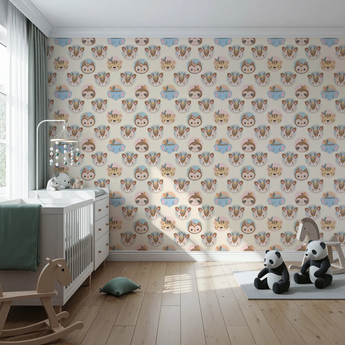 Front view of Whimsy Tots' Woodland Royalty Parade Wallpaper in Cream