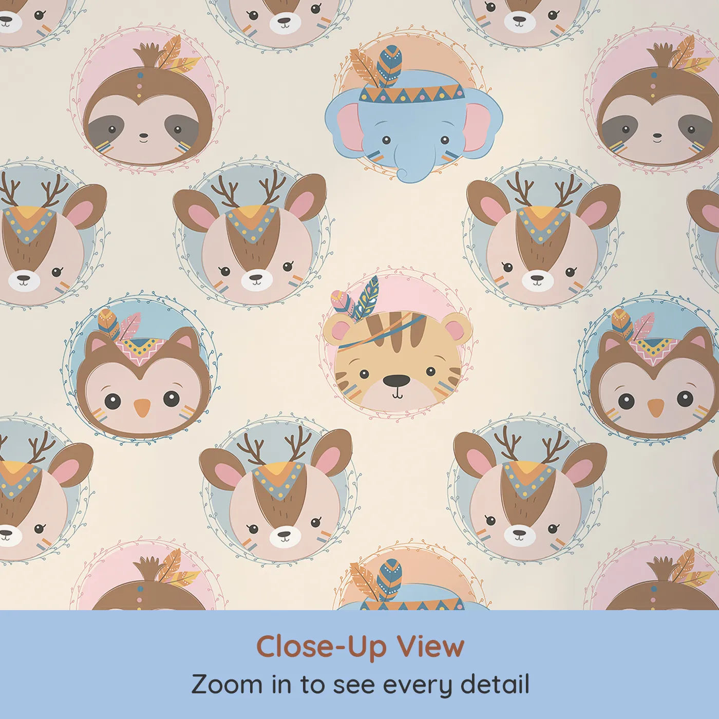 Close-up view of Whimsy Tots' Woodland Royalty Parade Wallpaper in Cream (W3011B).Sweet woodland animals don royal headbands in this gentle parade of cuteness.