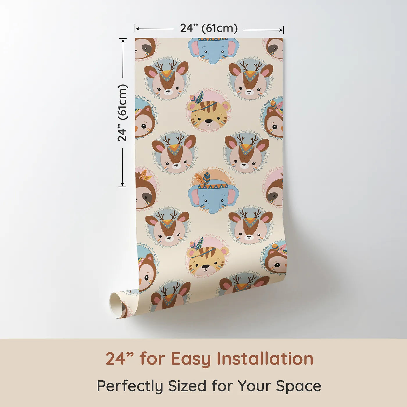 Dimension view of Whimsy Tots Woodland Royalty Parade Wallpaper in Cream (W3011B). Printed in 24-inch-wide panel for easy installation. Sweet woodland animals don royal headbands in this gentle parade of cuteness.