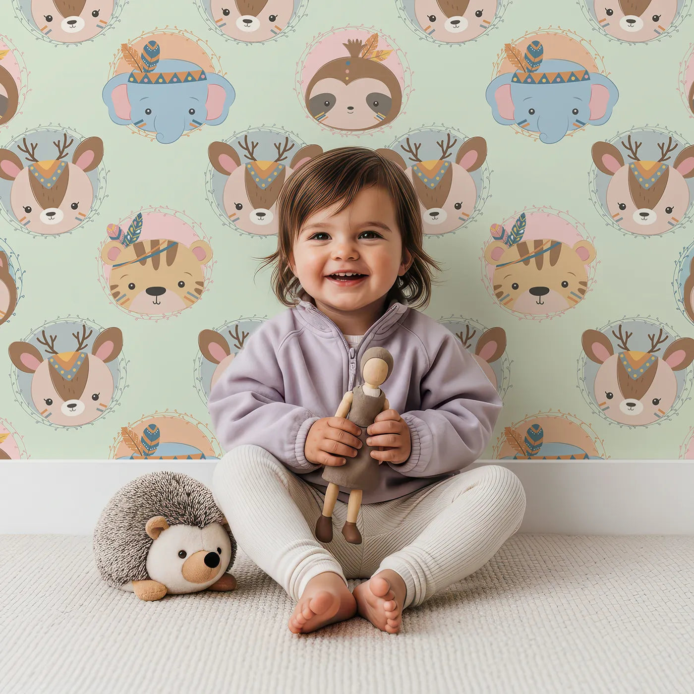 Lovely child standing in front of Whimsy Tots Woodland Royalty Parade Wallpaper in Mint Green with bear, deer, elephant, tiger, feather, wreath, crown in design.