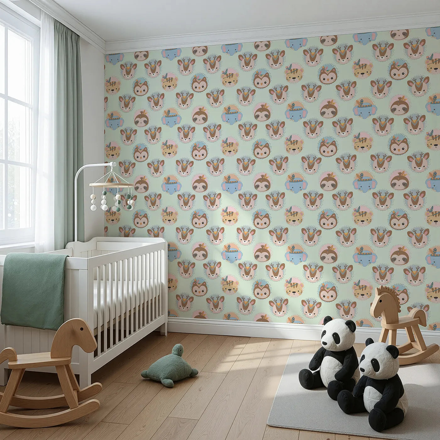 Angled view of Whimsy Tots' Woodland Royalty Parade Wallpaper in Mint Green (W3011C).Sweet woodland animals don royal headbands in this gentle parade of cuteness.