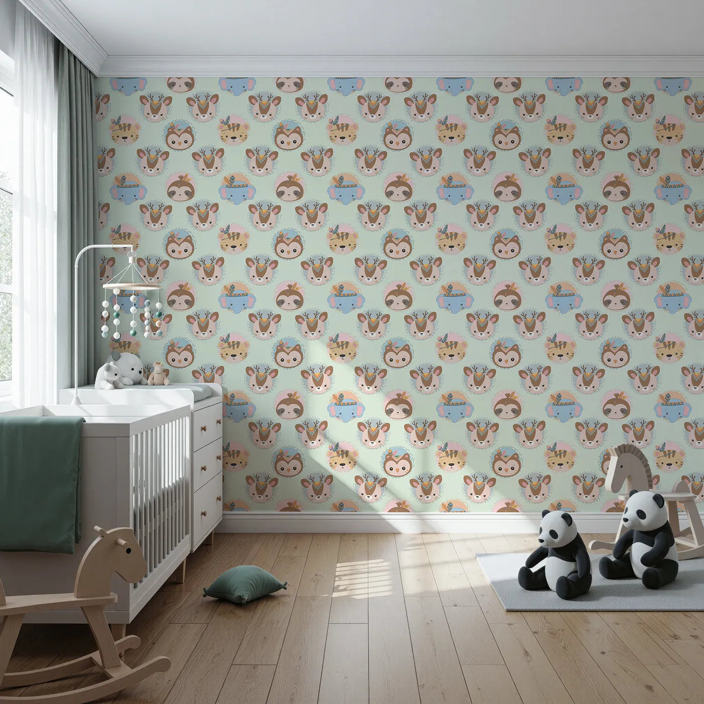Front view of Whimsy Tots' Woodland Royalty Parade Wallpaper in Mint Green